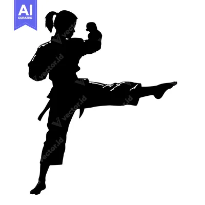 Premium design asset: Silhouette of a woman in a karate stance, kicking with her right leg
