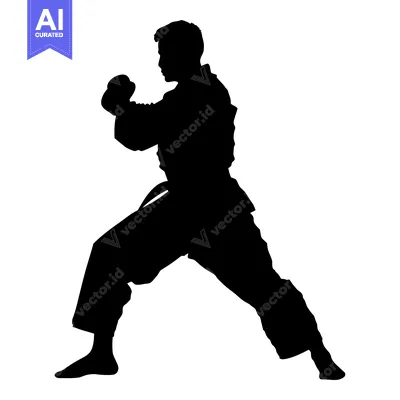Aset desain premium: Silhouette of a Male Karate Practitioner in a Fighting Stance
