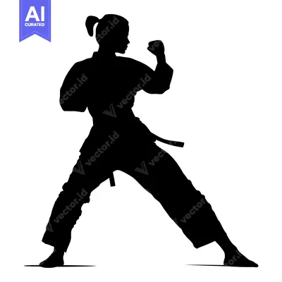 Aset desain premium: Silhouette of a Female Karate Practitioner in a Fighting Stance