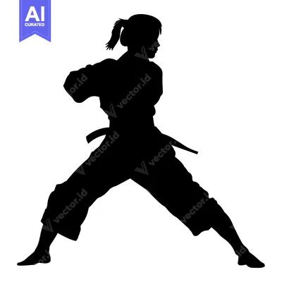 Silhouette of a Female Martial Arts Practitioner in a Fighting Stance