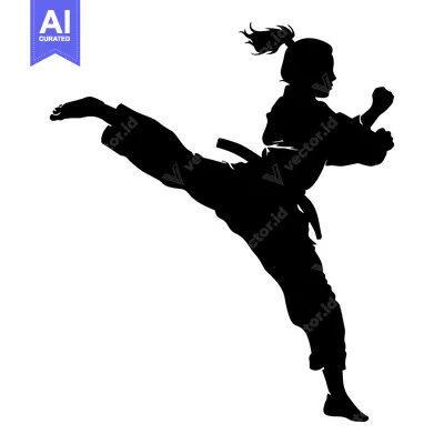Aset desain premium: Silhouette of a Female Martial Arts Practitioner Executing a High Kick