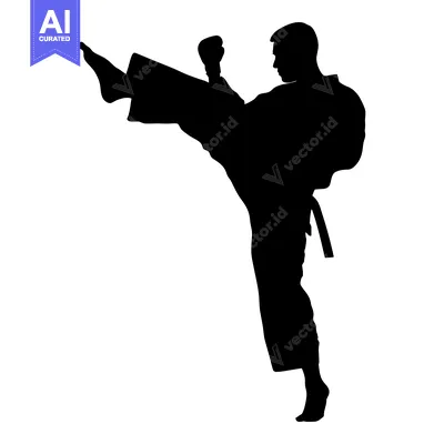 Aset desain premium: Silhouette of a Man Performing a High Kick in Martial Arts