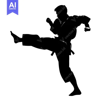 Premium design asset: Silhouette of a karateka in mid-kick with a black belt