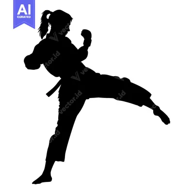 Silhouette of a Woman in a Karate Pose with One Leg Extended