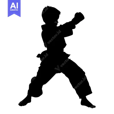 Aset desain premium: Silhouette of a Boy Practicing Karate in a Fighting Stance
