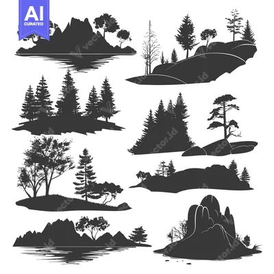 Aset premium populer: Silhouette Landscape with Mountains, Trees, and Water