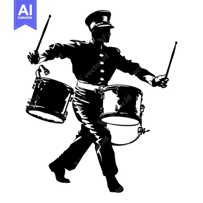 Aset desain premium: A Silhouette of a Drummer in Uniform Playing Two Drums