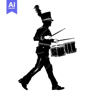 Aset desain premium: A Silhouette of a Drummer in Uniform Marching with Drumsticks