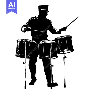 Aset desain premium: A Silhouette of a Drummer Playing Three Drums