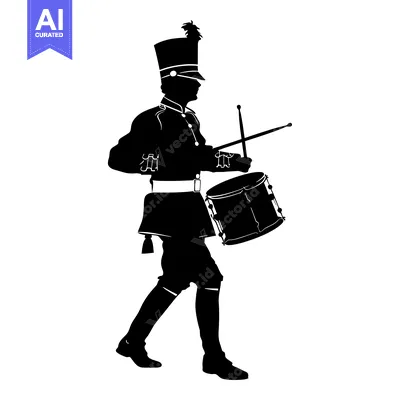 Silhouette of a Drummer in Uniform Holding Drumsticks and a Drum