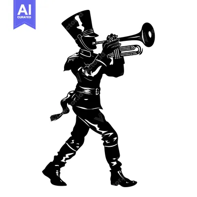 Aset premium populer: A silhouette of a marching band trumpeter playing their instrument