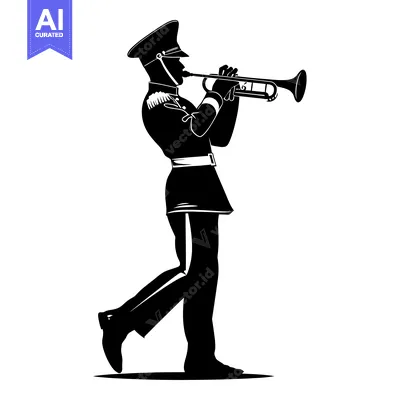 Aset desain premium: Silhouette of a Man in Uniform Playing a Trumpet
