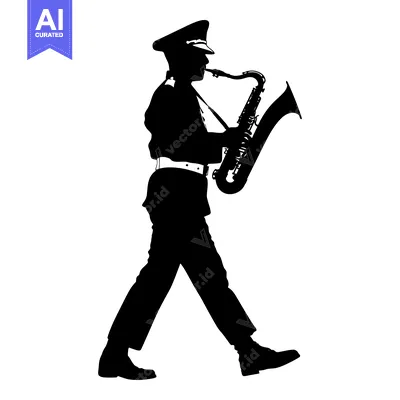 Aset desain premium: Silhouette of a Man in Uniform Playing a Saxophone