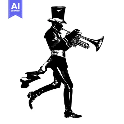 A Silhouette of a Man in a Top Hat Playing a Trumpet
