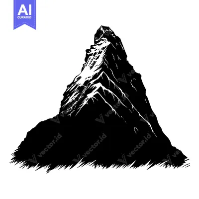 Black and white illustration of a jagged mountain peak