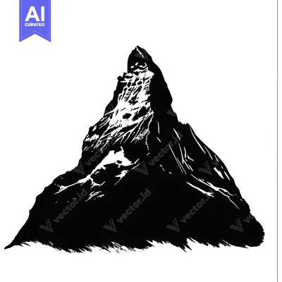 Black and white illustration of a snow-capped mountain peak