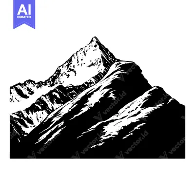 Black and White Illustration of a Snowy Mountain Peak