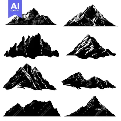 A Set of Eight Black and White Mountain Silhouettes