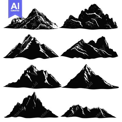 Eight Black and White Silhouettes of Mountain Ranges