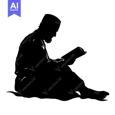 Silhouette of a man in traditional clothing reading a book