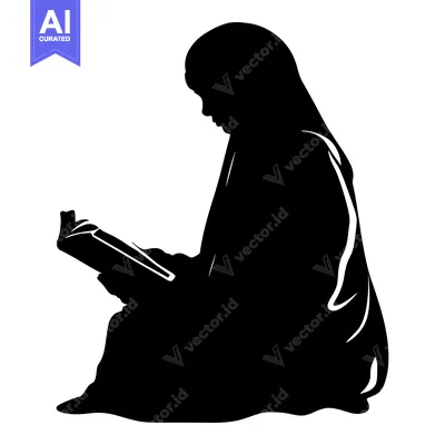 Aset desain premium: Silhouette of a Woman in a Hijab Reading a Book