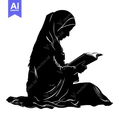 Aset desain premium: Silhouette of a Woman in a Hijab Reading a Book
