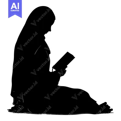 Aset desain premium: Silhouette of a woman in a hijab reading a book