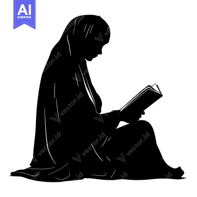 Aset desain premium: Silhouette of a woman wearing a hijab reading a book