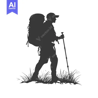 Silhouette of a Backpacker Hiking with a Trekking Pole