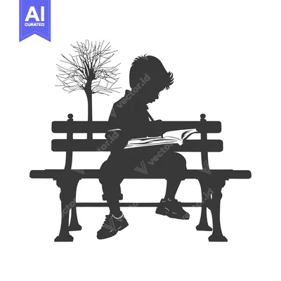 Silhouette of a Boy Reading a Book on a Bench with a Tree Behind Him
