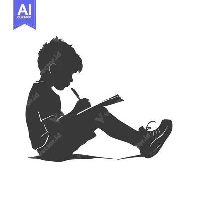Aset desain premium: Silhouette of a Boy Sitting and Writing
