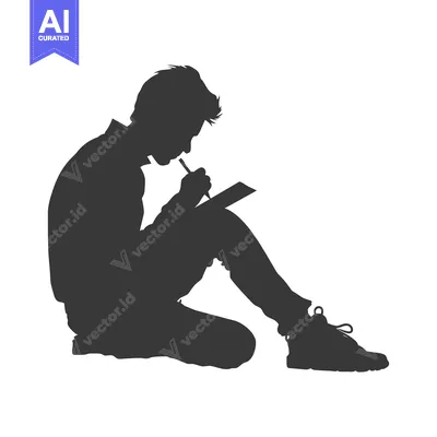 Aset desain premium: Silhouette of a Boy Sitting and Writing