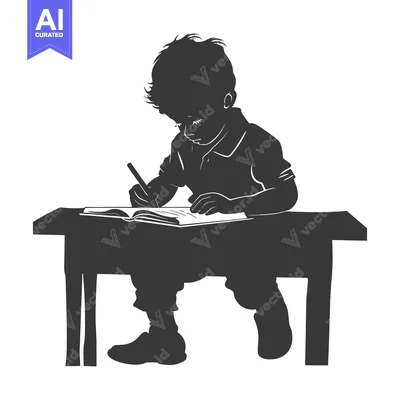 Aset desain premium: Silhouette of a Boy Sitting at a Desk Writing