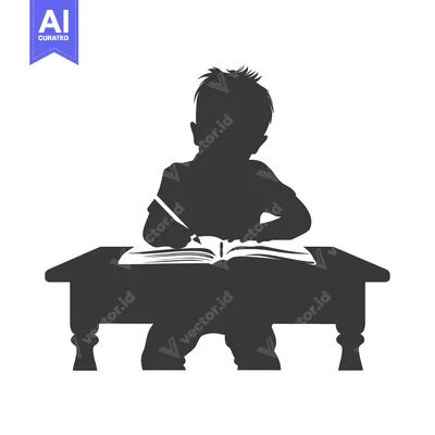 Aset desain premium: Silhouette of a Boy Sitting at a Desk Writing in a Book
