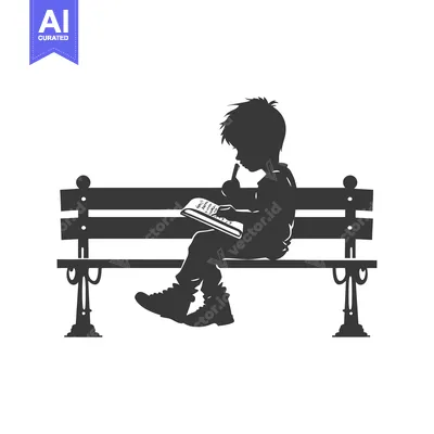 Aset desain premium: Silhouette of a Boy Sitting on a Bench, Reading and Thinking