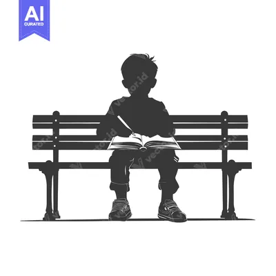Silhouette of a Boy Sitting on a Bench, Writing in a Book