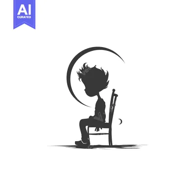 Silhouette of a Boy Sitting on a Chair Under a Crescent Moon