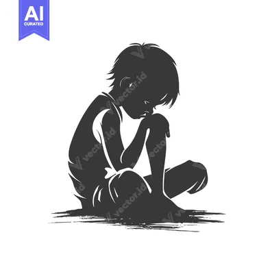 Aset desain premium: Silhouette of a Boy Sitting With His Head Bowed in Thought