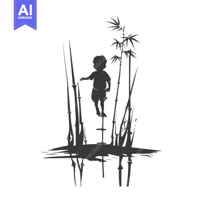 Aset premium populer: Silhouette of a Boy Standing on Stilts in a Bamboo Forest