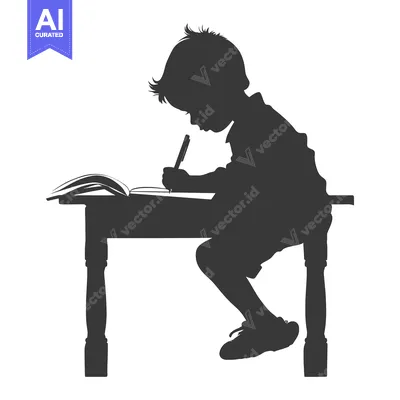 Aset premium populer: Silhouette of a Boy Studying at a Desk with a Book and Pen