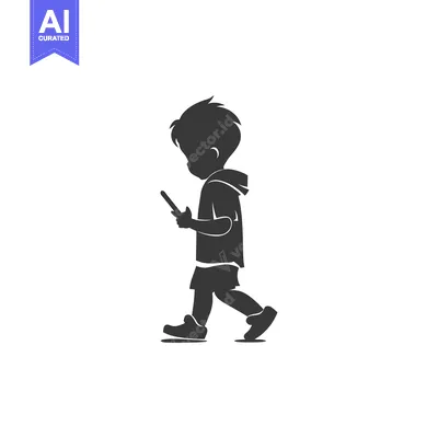 Aset desain premium: Silhouette of a boy walking and looking at his phone