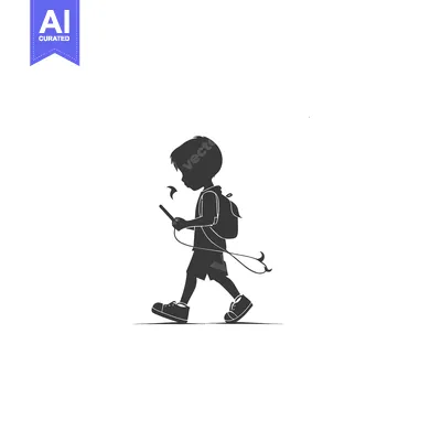 Aset desain premium: Silhouette of a Boy Walking with Backpack and Phone