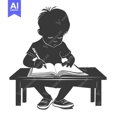 Aset premium populer: Silhouette of a Boy Writing in a Book at a Desk