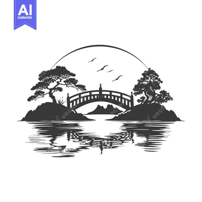 Premium design asset: Silhouette of a Bridge Over a Lake with Trees and Birds