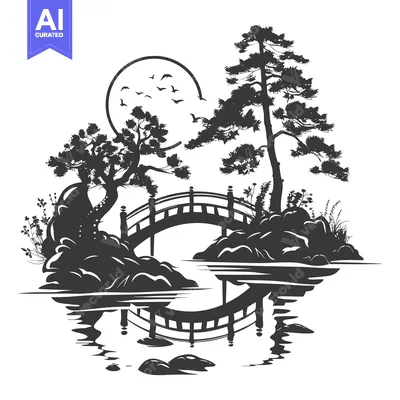 Aset premium populer: Silhouette of a Bridge Over a River in a Forest with a Moon and Birds