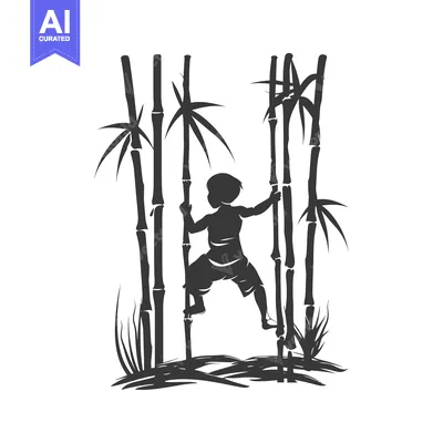 Premium design asset: Silhouette of a Child Balancing on Tall Bamboo Sticks