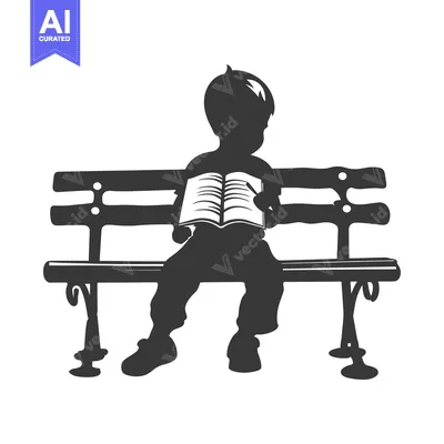 Aset desain premium: Silhouette of a Child Reading on a Bench