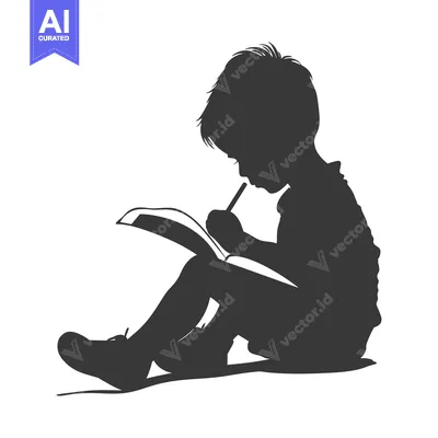Aset desain premium: Silhouette of a Child Sitting and Writing in a Book