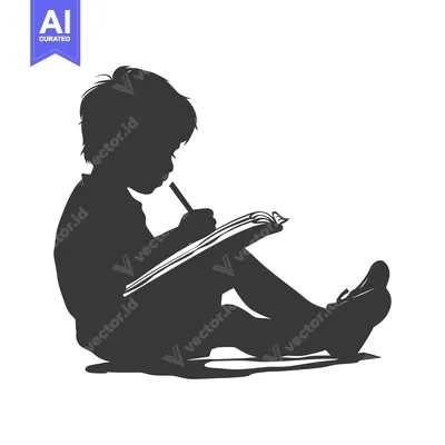 Aset desain premium: Silhouette of a Child Sitting and Writing in a Notebook