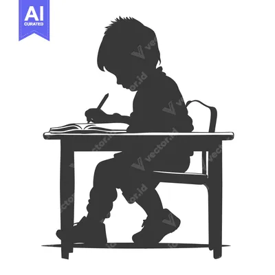 Aset desain premium: Silhouette of a Child Sitting at a Desk and Writing